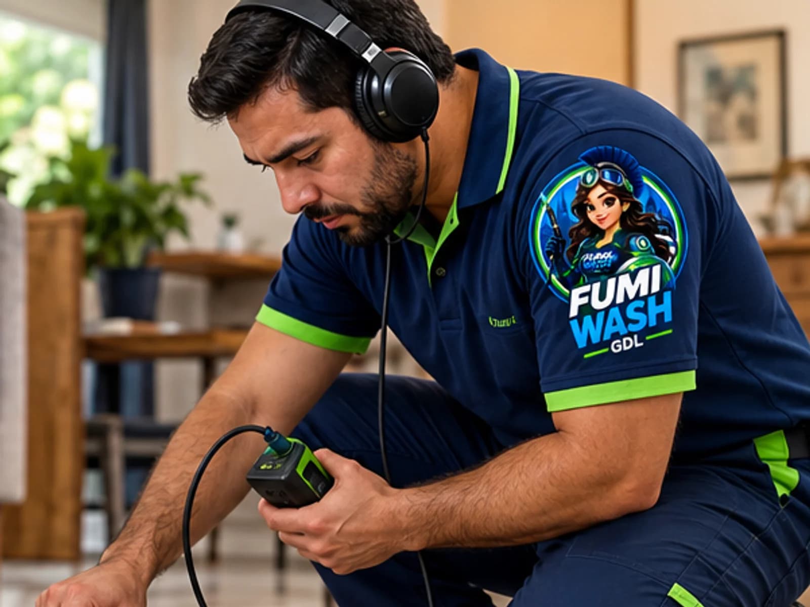 Técnico de Fumi Wash con audífonos y equipo acústico, escuchando una tubería en interior